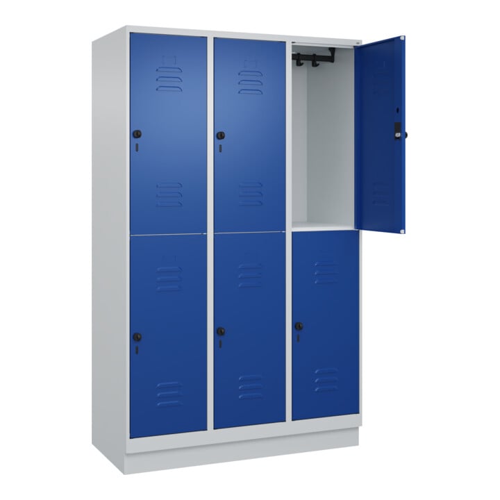 C+P Doppelstock-Spind Classic PLUS, Sockel, 3 Abteile, 1950x1200x500mm, 7035/501 Front RAL 5010 Enzianblau