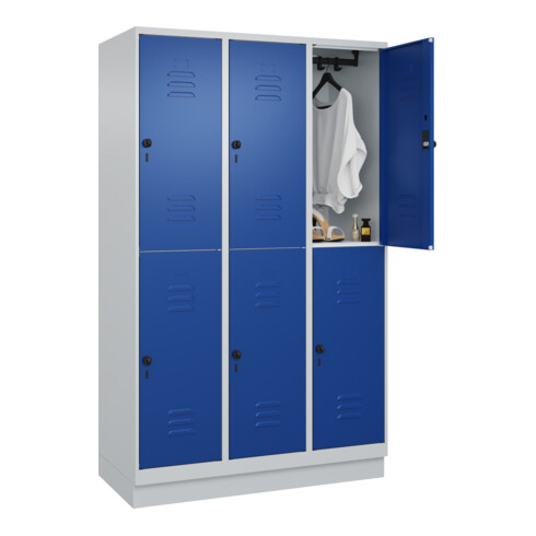C+P Doppelstock-Spind Classic PLUS, Sockel, 3 Abteile, 1950x1200x500mm, 7035/501 Front RAL 5010 Enzianblau