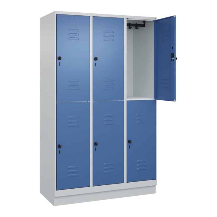 C+P Doppelstock-Spind Classic PLUS, Sockel, 3 Abteile, 1950x1200x500mm, 7035/502 Front RAL 5023 Fernblau