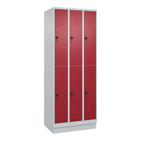 C+P Doppelstock-Spind Classic PLUS, Sockel, 3 Abteile, 1950x750x500mm, 7035/3003 Front RAL 3003 Rubinrot