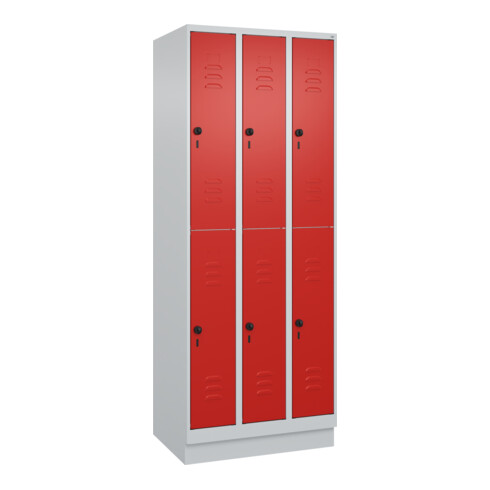 C+P Doppelstock-Spind Classic PLUS, Sockel, 3 Abteile, 1950x750x500mm, 7035/3020 Front RAL 3020 Verkehrsrot