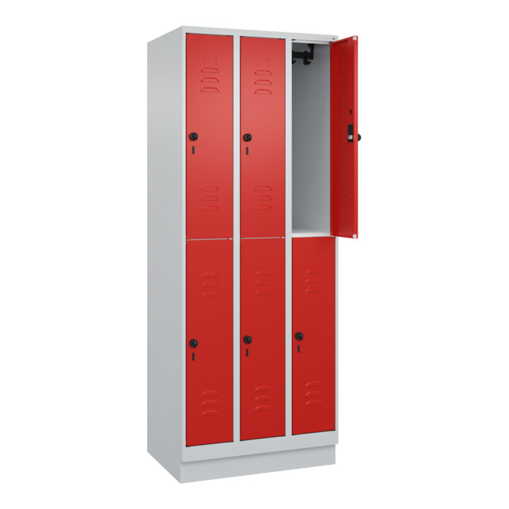C+P Doppelstock-Spind Classic PLUS, Sockel, 3 Abteile, 1950x750x500mm, 7035/3020 Front RAL 3020 Verkehrsrot