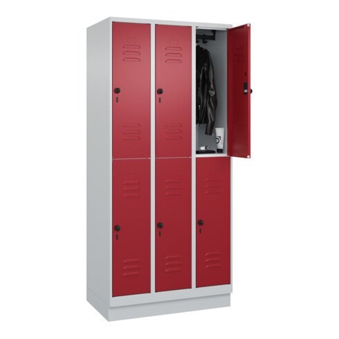 C+P Doppelstock-Spind Classic PLUS, Sockel, 3 Abteile, 1950x900x500mm, 7035/3003 Front RAL 3003 Rubinrot