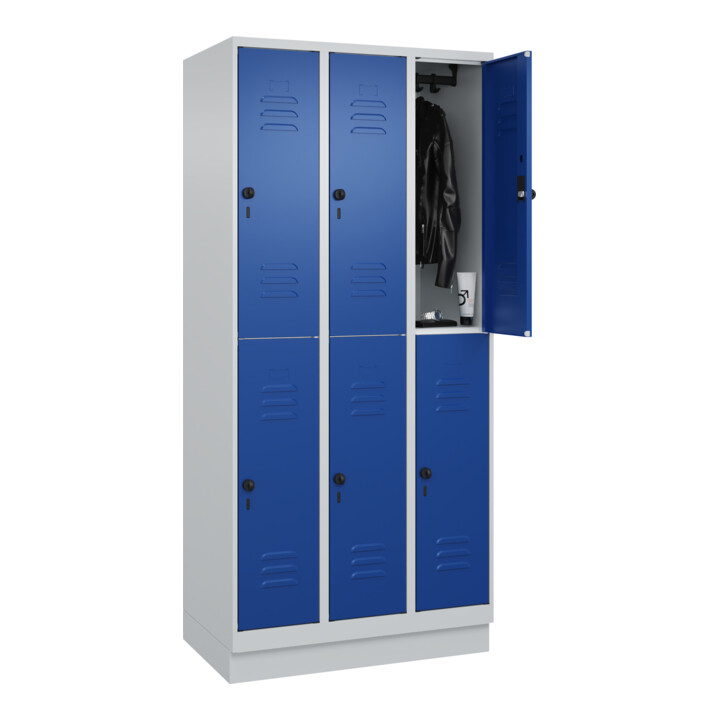 C+P Doppelstock-Spind Classic PLUS, Sockel, 3 Abteile, 1950x900x500mm, 7035/5010 Front RAL 5010 Enzianblau