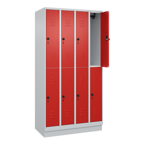 C+P Doppelstock-Spind Classic PLUS, Sockel, 4 Abteile, 1950x1000x500mm, 7035/302 Front RAL 3020 Verkehrsrot