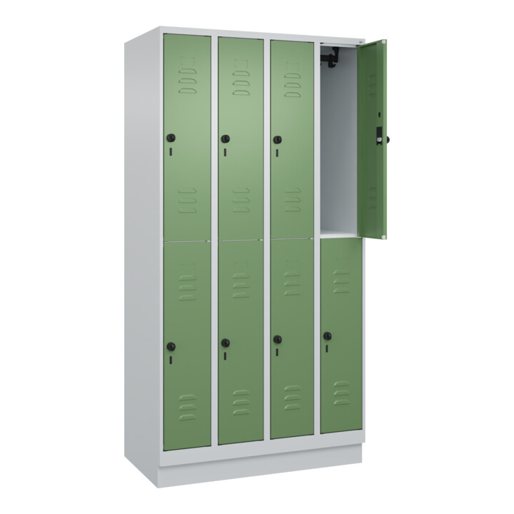 C+P Doppelstock-Spind Classic PLUS, Sockel, 4 Abteile, 1950x1000x500mm, 7035/601 Front RAL 6011 Resedagrün