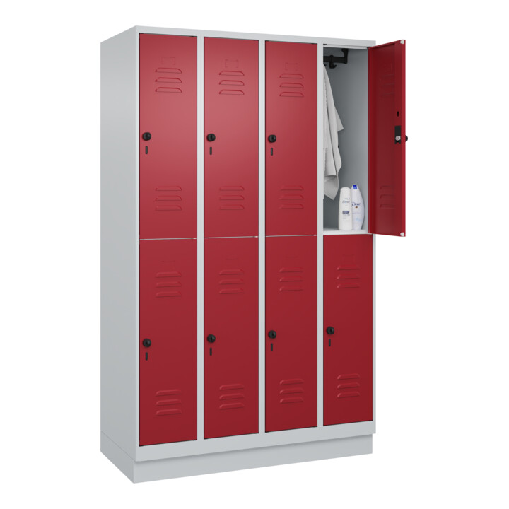 C+P Doppelstock-Spind Classic PLUS, Sockel, 4 Abteile, 1950x1200x500mm, 7035/300 Front RAL 3003 Rubinrot