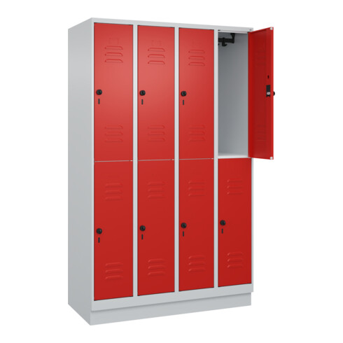 C+P Doppelstock-Spind Classic PLUS, Sockel, 4 Abteile, 1950x1200x500mm, 7035/302 Front RAL 3020 Verkehrsrot