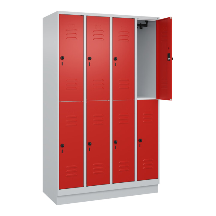 C+P Doppelstock-Spind Classic PLUS, Sockel, 4 Abteile, 1950x1200x500mm, 7035/302 Front RAL 3020 Verkehrsrot
