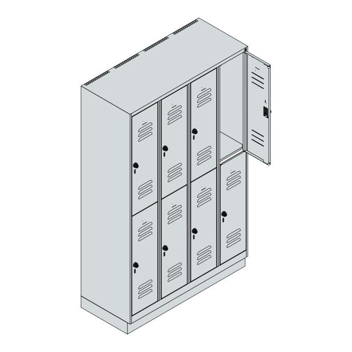 C+P Doppelstock-Spind Classic PLUS, Sockel, 4 Abteile, 1950x1200x500mm, 7035/302 Front RAL 3020 Verkehrsrot