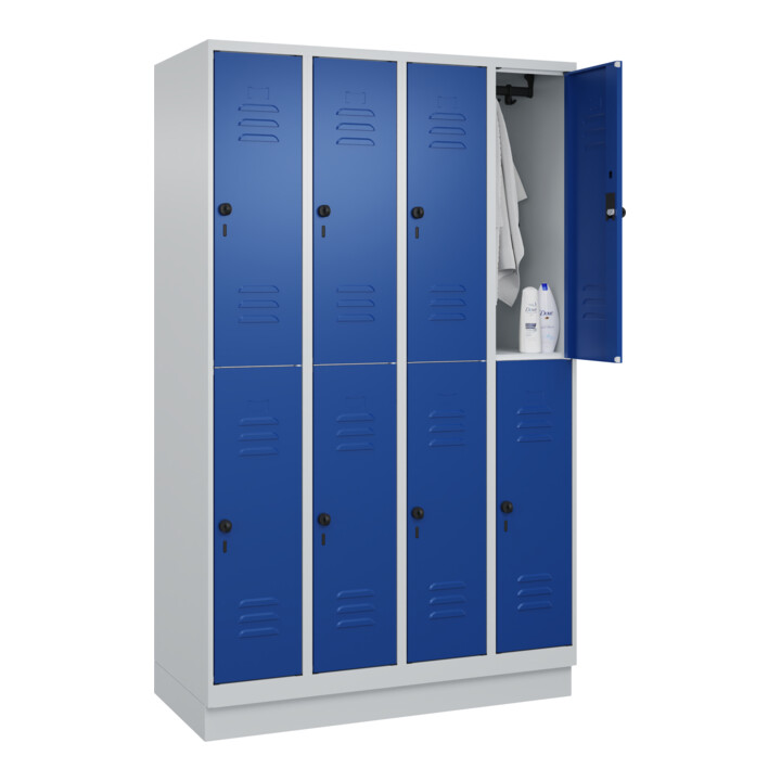 C+P Doppelstock-Spind Classic PLUS, Sockel, 4 Abteile, 1950x1200x500mm, 7035/501 Front RAL 5010 Enzianblau