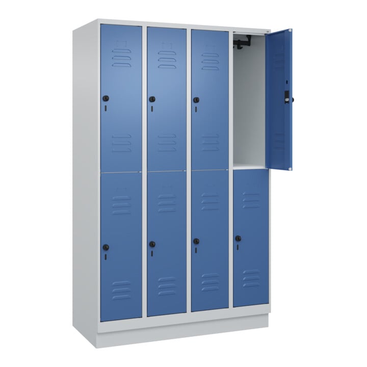 C+P Doppelstock-Spind Classic PLUS, Sockel, 4 Abteile, 1950x1200x500mm, 7035/502 Front RAL 5023 Fernblau