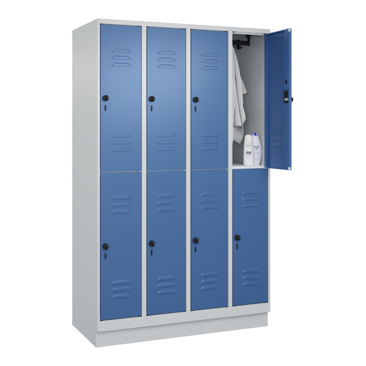C+P Doppelstock-Spind Classic PLUS, Sockel, 4 Abteile, 1950x1200x500mm, 7035/502 Front RAL 5023 Fernblau