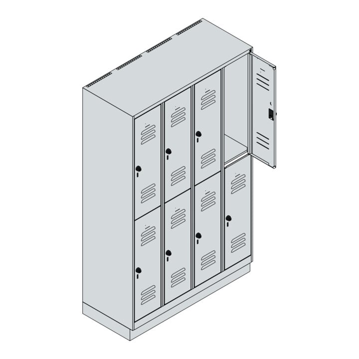 C+P Doppelstock-Spind Classic PLUS, Sockel, 4 Abteile, 1950x1200x500mm, 7035/502 Front RAL 5023 Fernblau