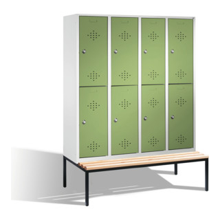 C+P Doppelstockspind Classic mit Sitzbank, 8 Fächer, H2090xB1590xT500/815mm Front Resedagrün Korpus Lichtgrau