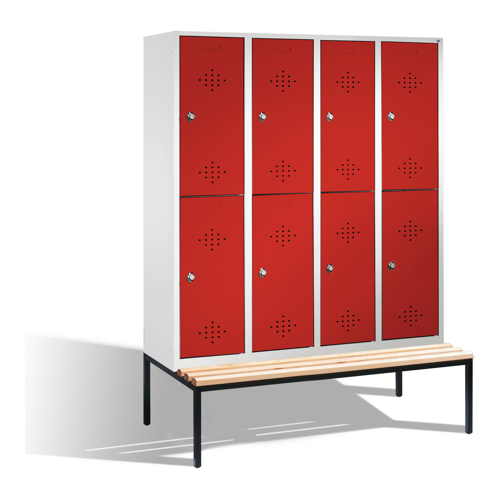 C+P Doppelstockspind Classic mit Sitzbank, 8 Fächer, H2090xB1590xT500/815mm Front Rubinrot Korpus Lichtgrau ; C + P Möbelsysteme