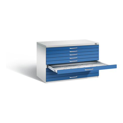 C+P Flachablageschrank Serie 7100_7200, H760xB1100xT765mm, Front Enzianblau, Korpus Lichtgrau (7101-000)