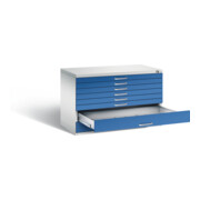 C+P Flachablageschrank Serie 7100_7200, H760xB1100xT765mm, Front Enzianblau, Korpus Lichtgrau (7101-200)