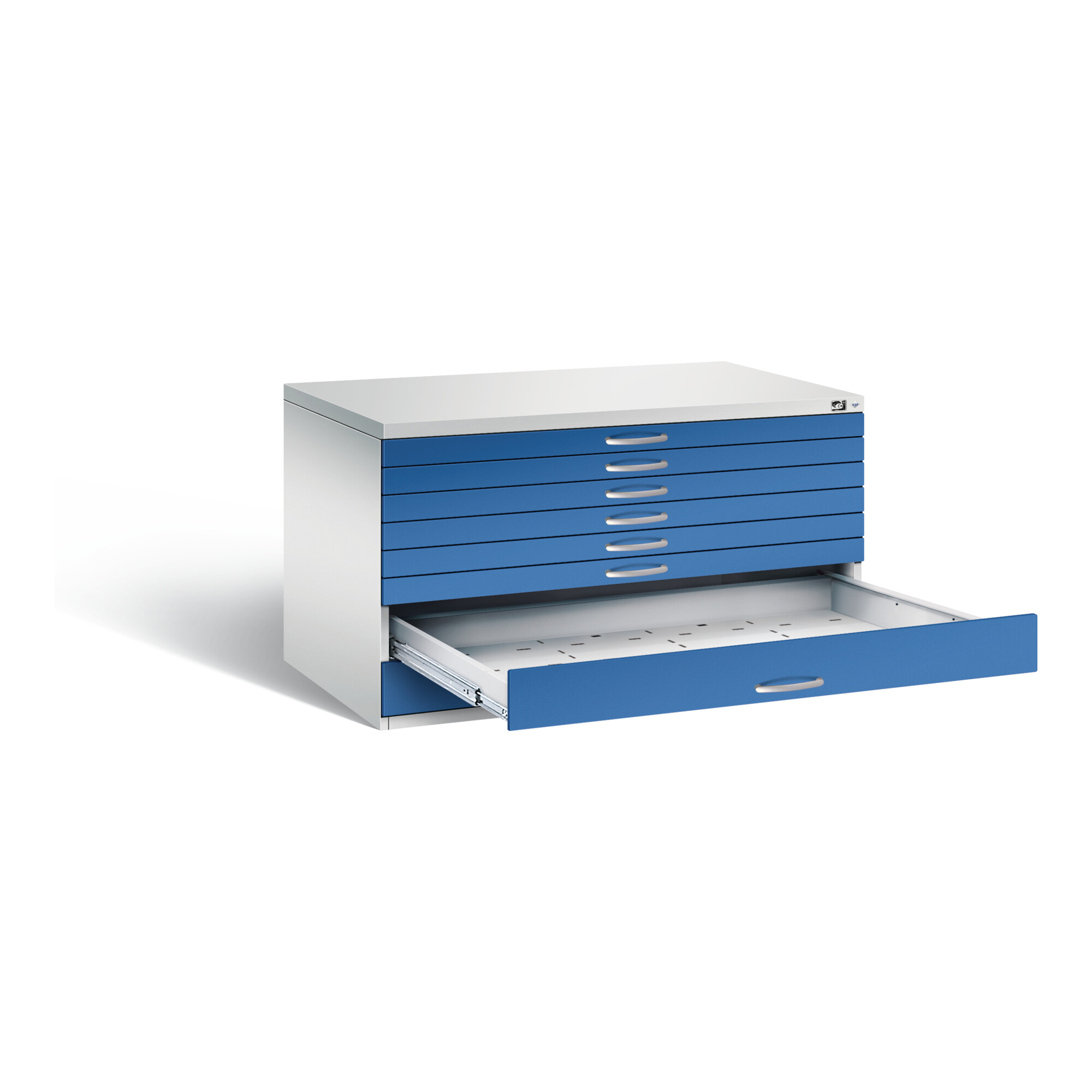 C+P Flachablageschrank Serie 7100_7200, H760xB1350xT960mm, Front Enzianblau, Korpus Lichtgrau (7201-200) ; C + P Möbelsysteme