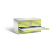 C+P Flachablageschrank Serie 7100_7200, H760xB1350xT960mm, Front Viridingrün, Korpus Lichtgrau (7201-000)