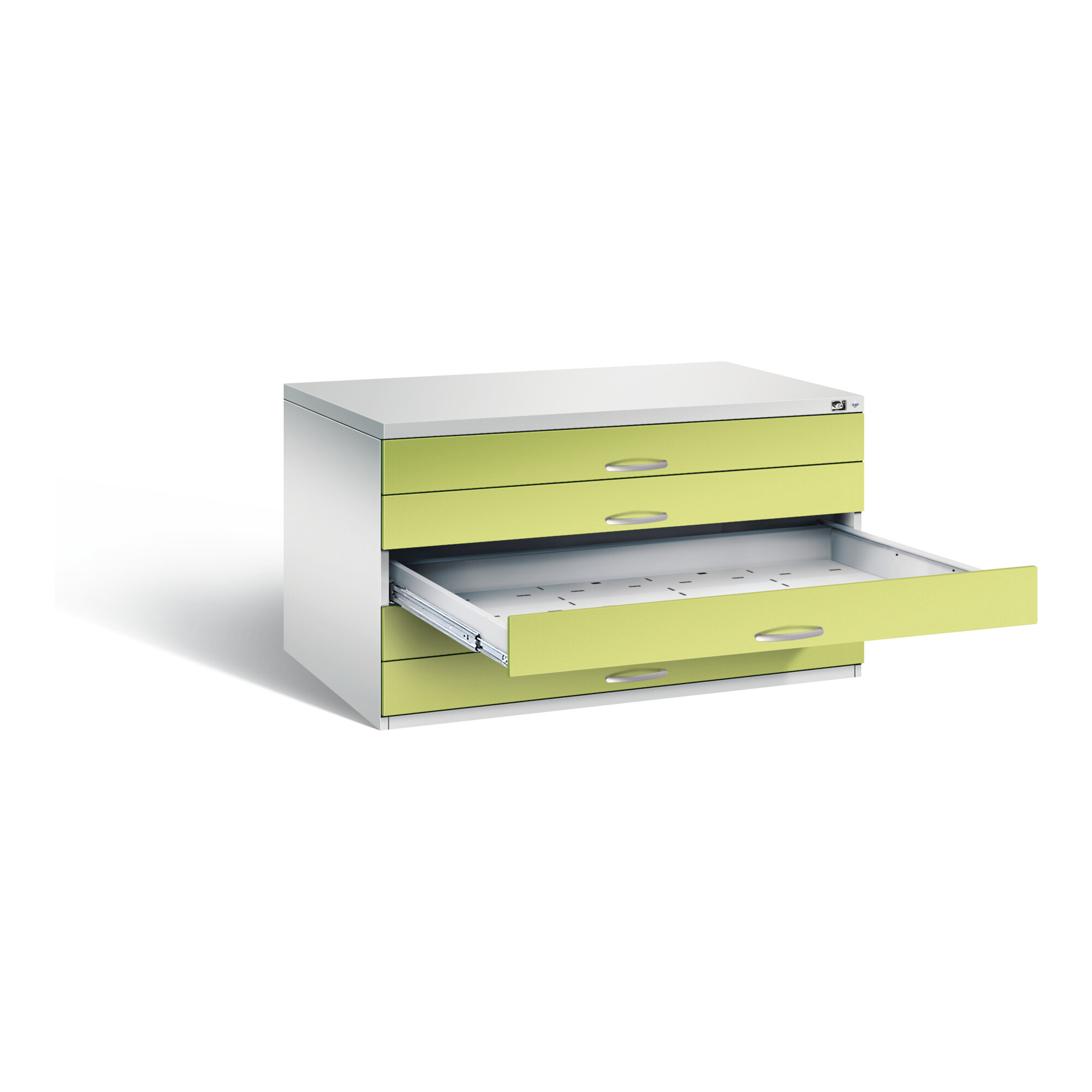 C+P Flachablageschrank Serie 7100_7200, H760xB1350xT960mm, Front Viridingrün, Korpus Lichtgrau (7201-100) ; C + P Möbelsysteme