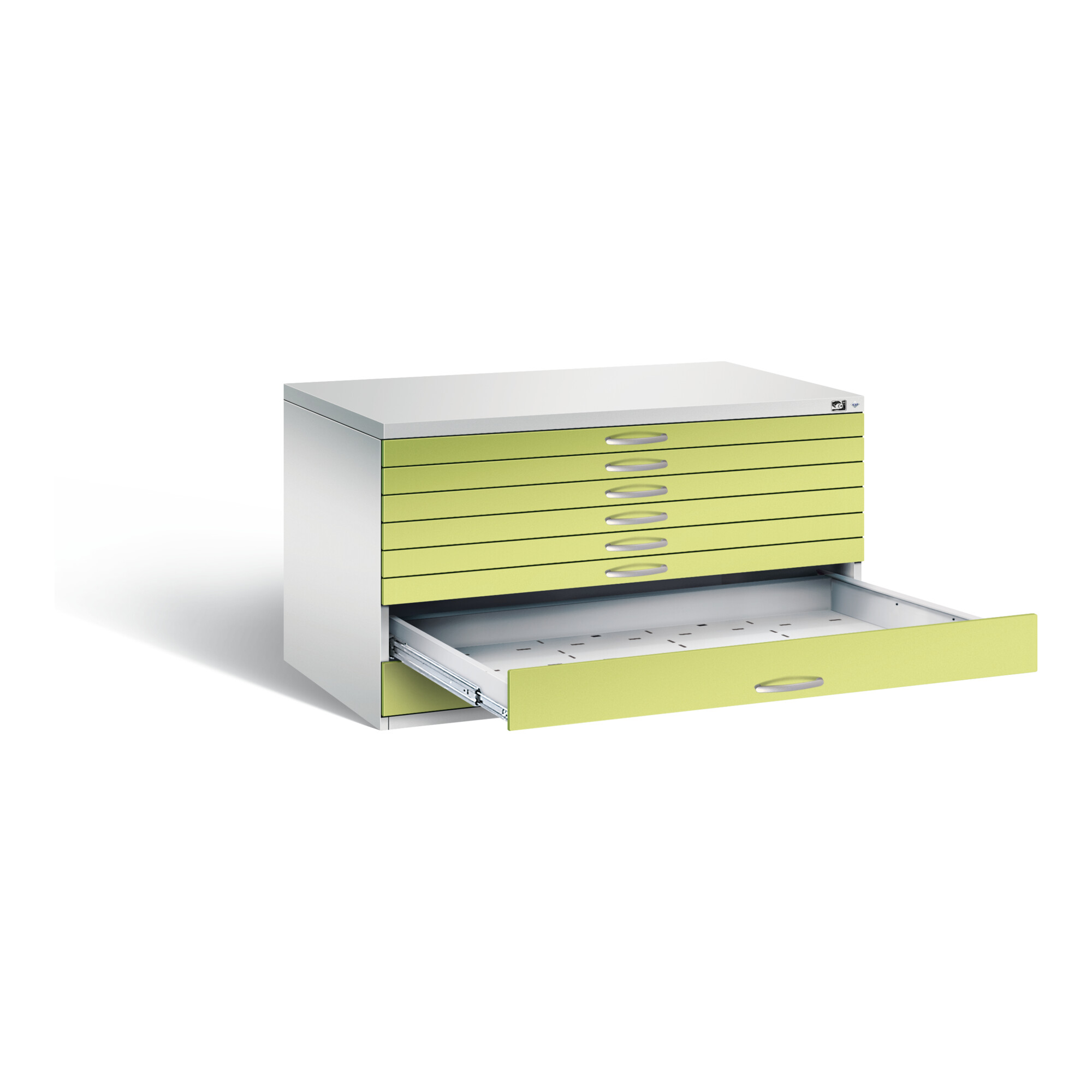C+P Flachablageschrank Serie 7100_7200, H760xB1350xT960mm, Front Viridingrün, Korpus Lichtgrau (7201-200) ; C + P Möbelsysteme