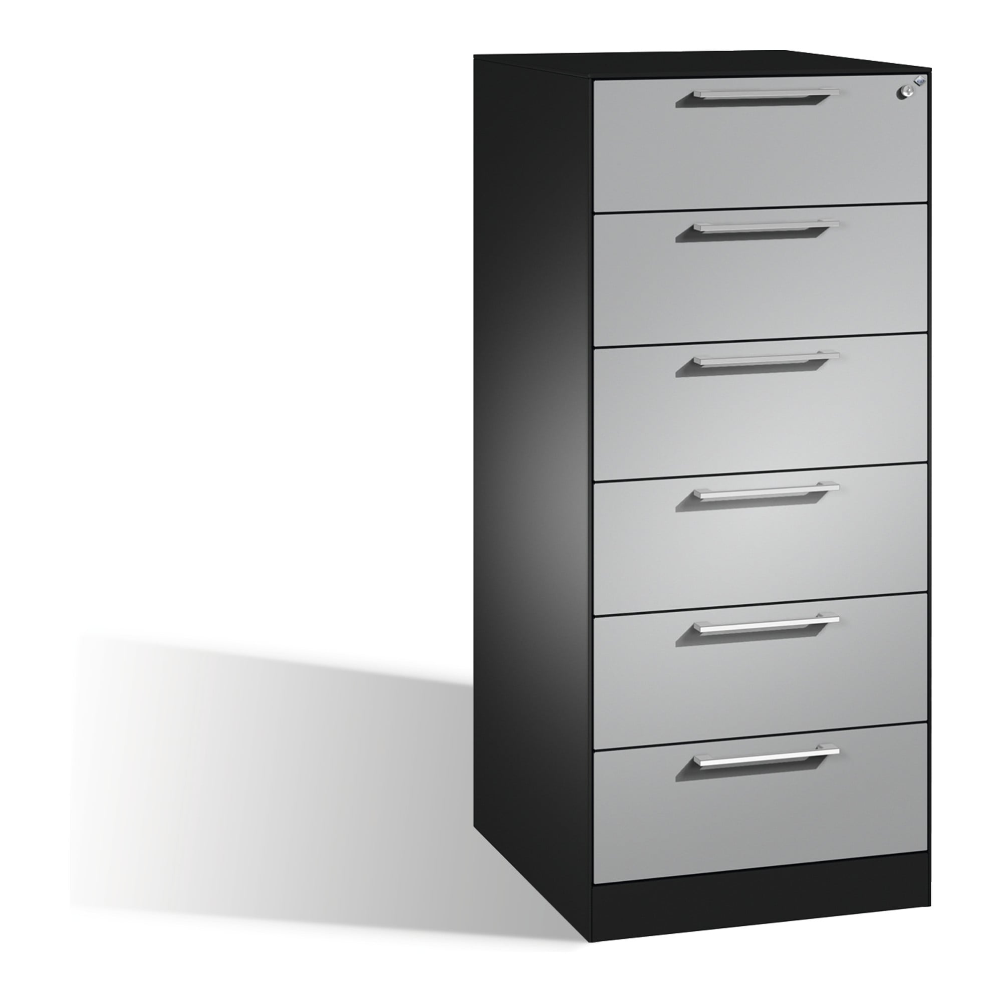 C+P Karteischrank Asisto für Karteikarten DIN A5 quer, 6 Schubladen, zweibahnig Front Weißaluminium Korpus Schwarzgrau ; C + P Möbelsysteme