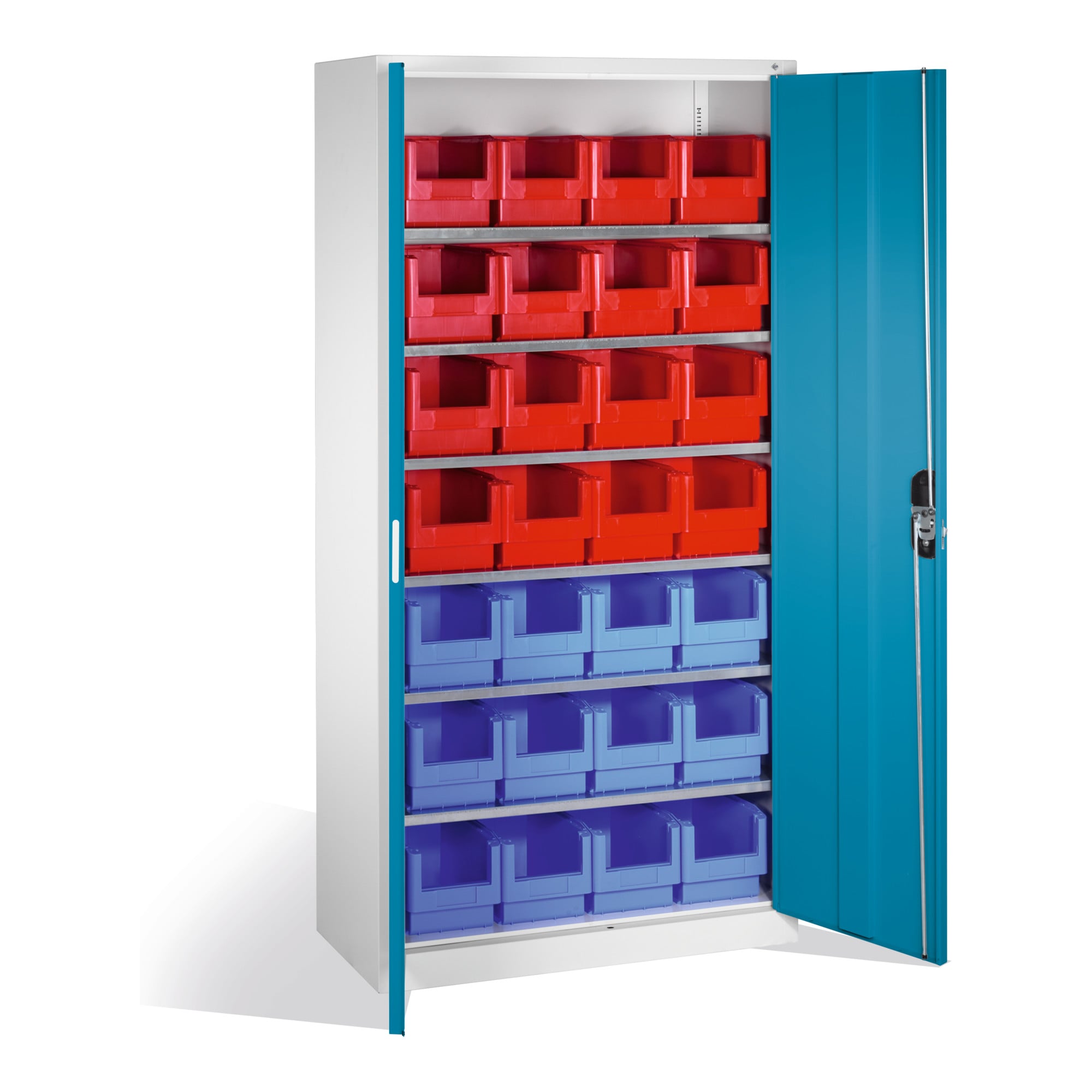 C+P Magazinschrank mit 28 Sichtlagerkästen, H1980xB1000xT420mm Front Lichtblau Korpus Lichtgrau ; C + P Möbelsysteme