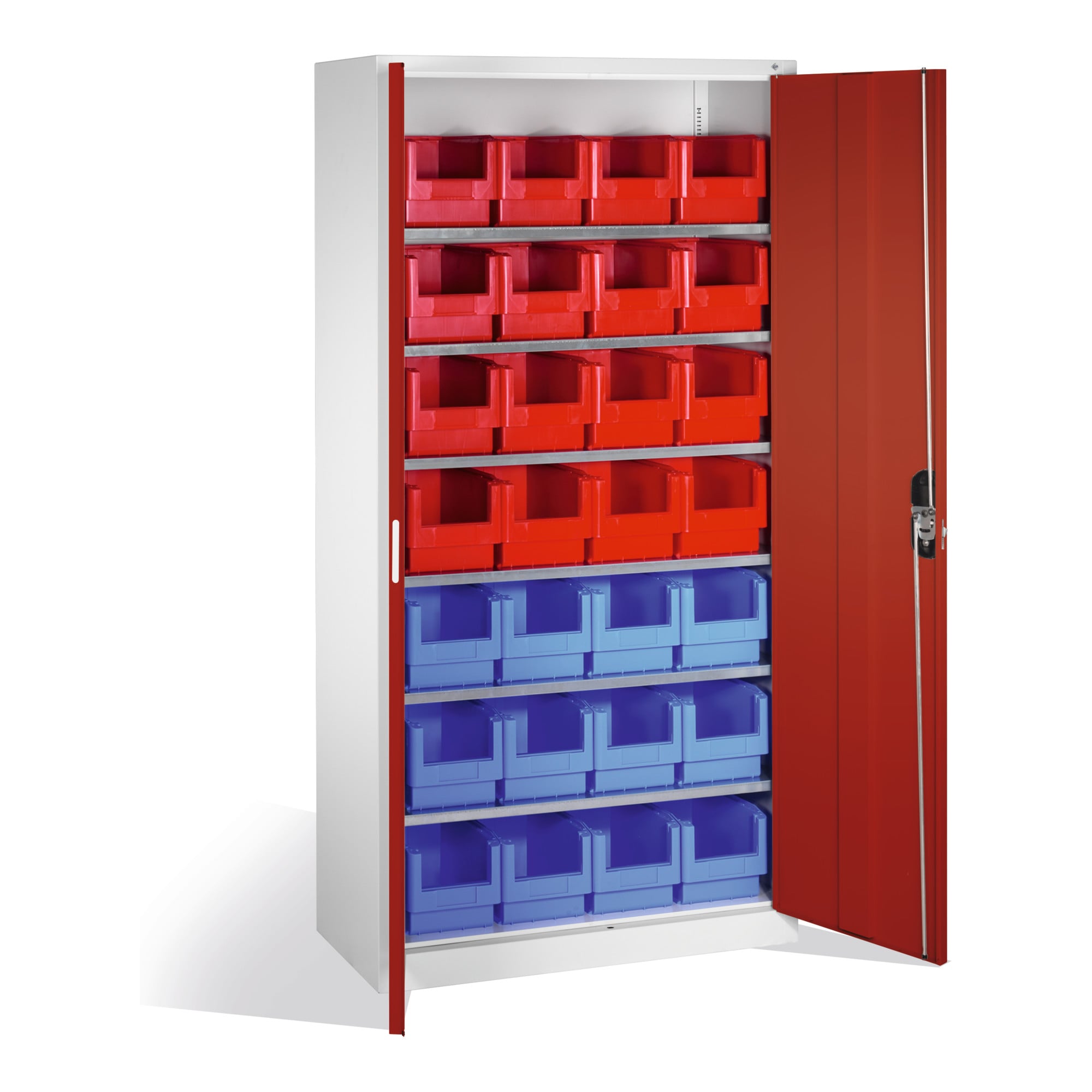 C+P Magazinschrank mit 28 Sichtlagerkästen, H1980xB1000xT420mm Front Rubinrot Korpus Lichtgrau ; C + P Möbelsysteme
