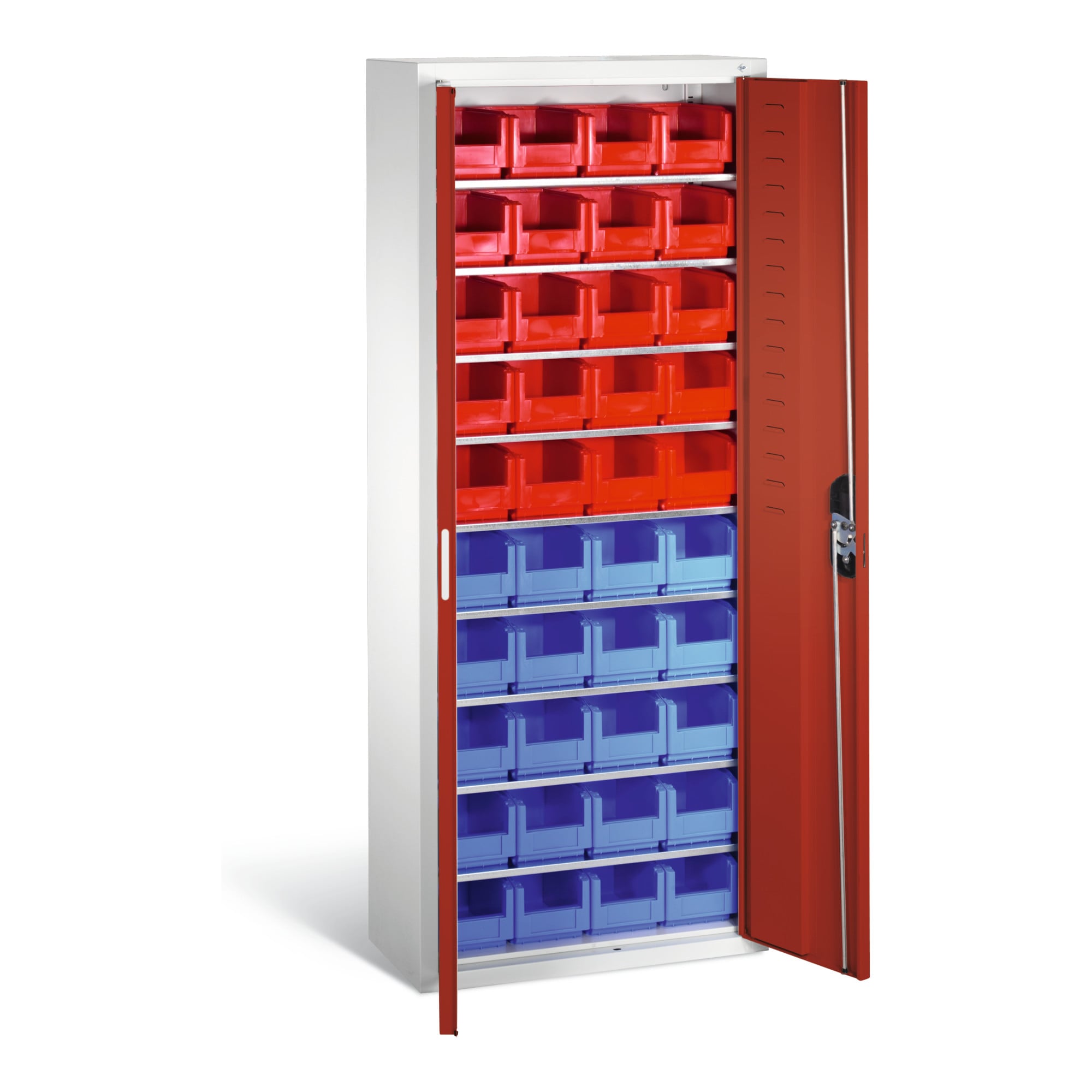 C+P Magazinschrank mit 40 Sichtlagerkästen, H1690xB700xT300mm Front Rubinrot Korpus Lichtgrau ; C + P Möbelsysteme