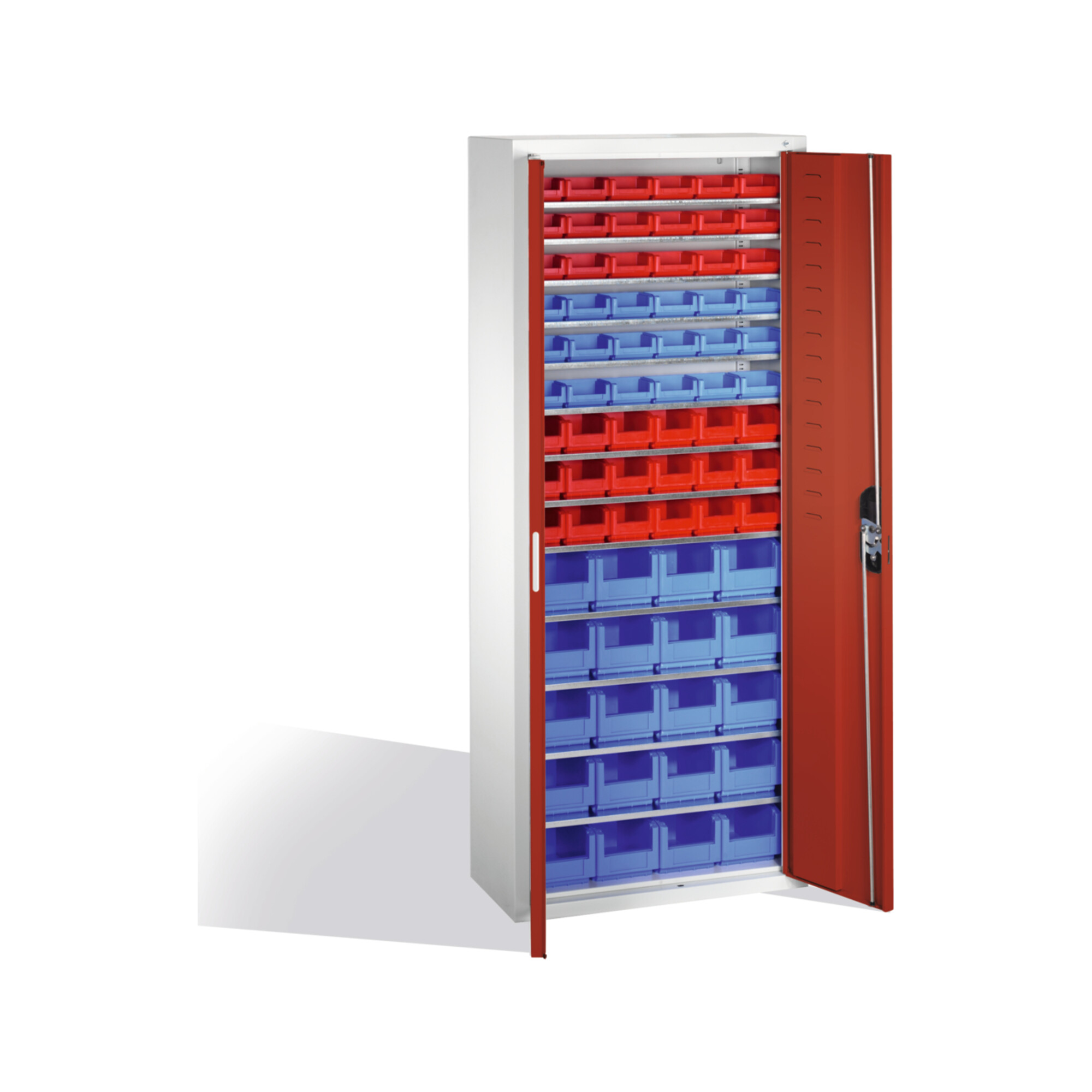 C+P Magazinschrank mit 74 Sichtlagerkästen, H1690xB700xT300mm Front Rubinrot Korpus Lichtgrau ; C + P Möbelsysteme