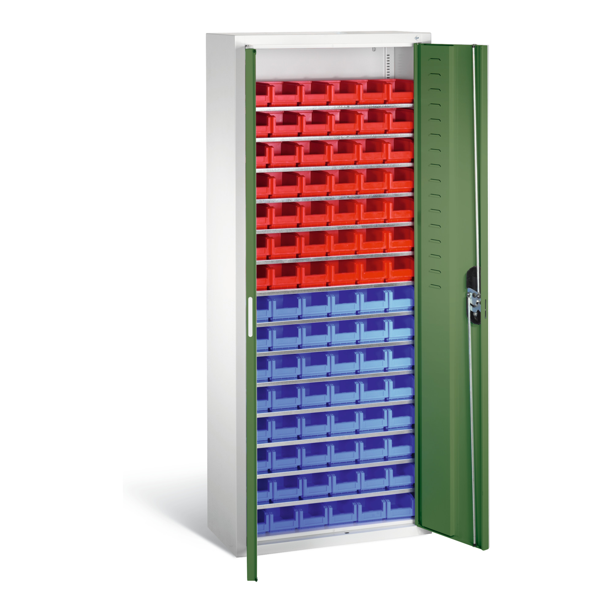 C+P Magazinschrank mit 90 Sichtlagerkästen, H1690xB700xT300mm Front Resedagrün Korpus Lichtgrau ; C + P Möbelsysteme