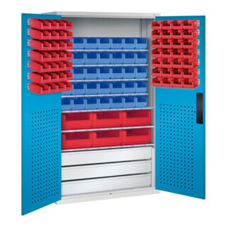 C+P Magazinschrank mit 97 Sichtlagerkästen und 3 Schubladen, H1950xB1100xT535mm Front Lichtblau Korpus Lichtgrau