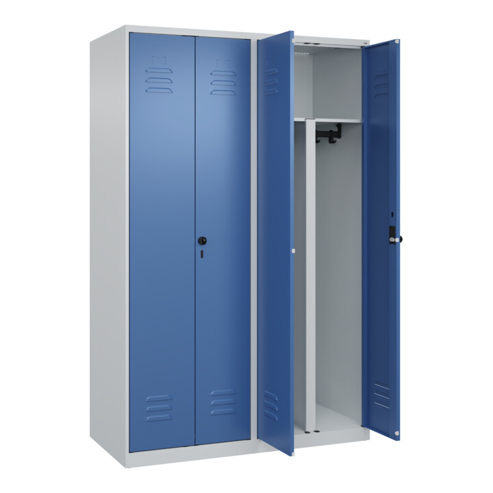 C+P PSA Doppel-Spind Classic PLUS, 4 Abteile, 1850x1200x500mm, 7035/5023 Verschluss Sicherheits-Drehriegel