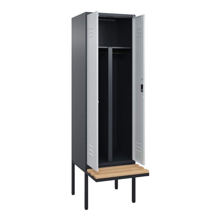 C+P PSA Doppel-Spind Classic PLUS, Bank, 2 Abteile, 2120x600x815mm, 7016/7035 Verschluss Zylinderschloss Sitzbanktyp auskragend Material Sitzfläche Buche-Hartholz