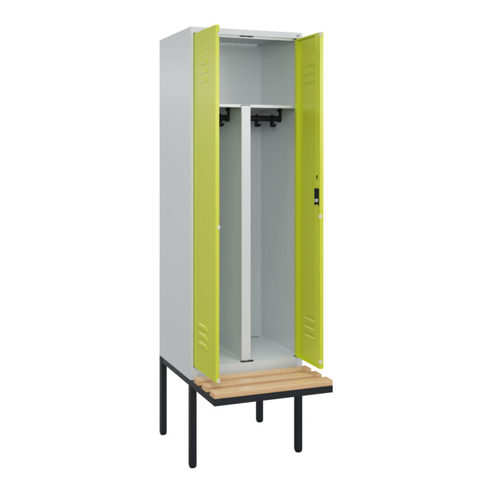 C+P PSA Doppel-Spind Classic PLUS, Bank, 2 Abteile, 2120x600x815mm, 7035/0024 Verschluss Zylinderschloss Sitzbanktyp auskragend Material Sitzfläche Buche-Hartholz
