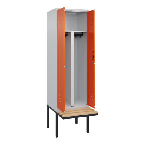 C+P PSA Doppel-Spind Classic PLUS, Bank, 2 Abteile, 2120x600x815mm, 7035/2004 Verschluss Zylinderschloss Sitzbanktyp auskragend Material Sitzfläche Buche-Hartholz