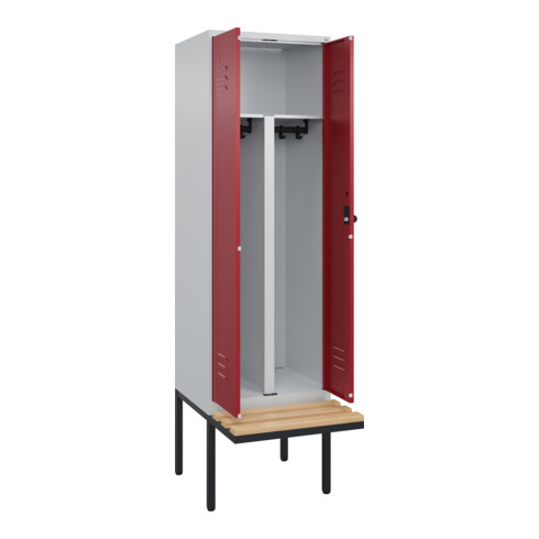 C+P PSA Doppel-Spind Classic PLUS, Bank, 2 Abteile, 2120x600x815mm, 7035/3003 Verschluss Sicherheits-Drehriegel Sitzbanktyp auskragend Material Sitzfläche Buche-Hartholz
