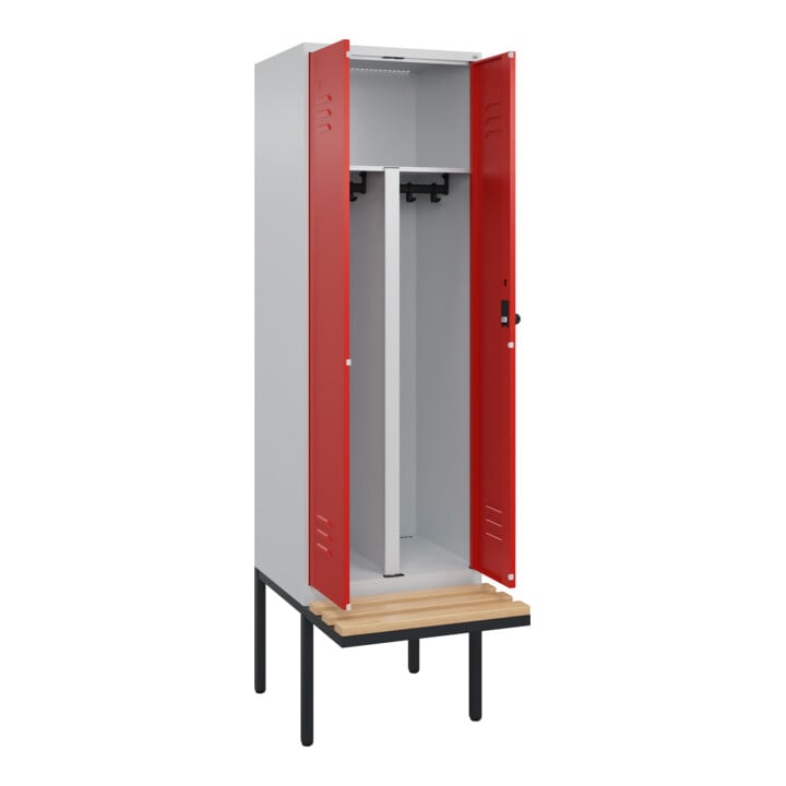 C+P PSA Doppel-Spind Classic PLUS, Bank, 2 Abteile, 2120x600x815mm, 7035/3020 Verschluss Sicherheits-Drehriegel Sitzbanktyp auskragend Material Sitzfläche Buche-Hartholz