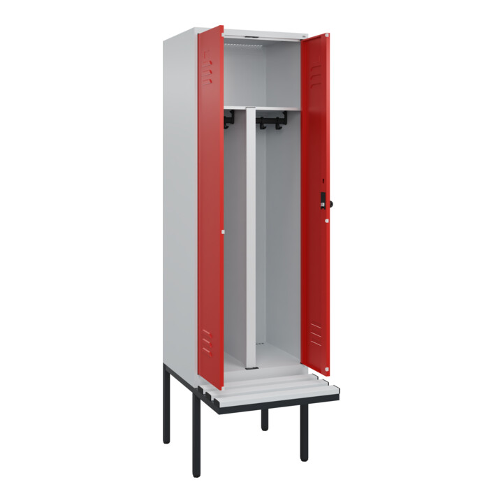 C+P PSA Doppel-Spind Classic PLUS, Bank, 2 Abteile, 2120x600x815mm, 7035/3020 Verschluss Sicherheits-Drehriegel Sitzbanktyp auskragend Material Sitzfläche Kunststoff