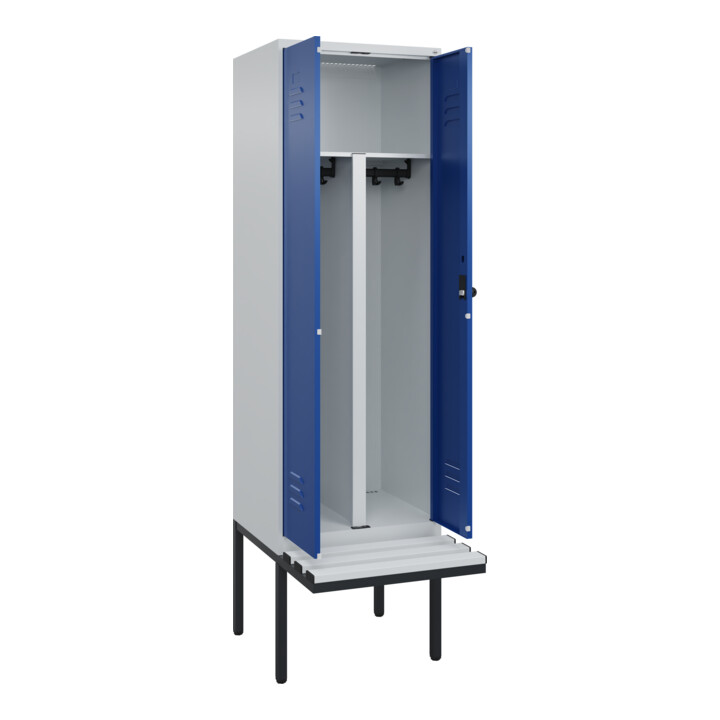 C+P PSA Doppel-Spind Classic PLUS, Bank, 2 Abteile, 2120x600x815mm, 7035/5010 Verschluss Sicherheits-Drehriegel Sitzbanktyp auskragend Material Sitzfläche Kunststoff