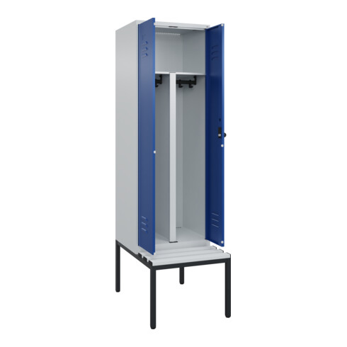 C+P PSA Doppel-Spind Classic PLUS, Bank, 2 Abteile, 2120x600x815mm, 7035/5010 Verschluss Sicherheits-Drehriegel Sitzbanktyp untergebaut Material Sitzfläche Kunststoff