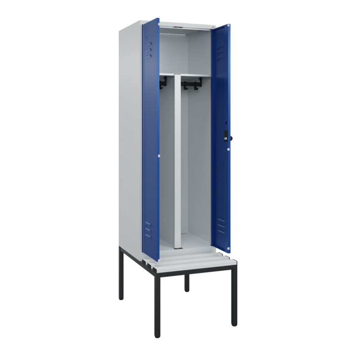 C+P PSA Doppel-Spind Classic PLUS, Bank, 2 Abteile, 2120x600x815mm, 7035/5010 Verschluss Sicherheits-Drehriegel Sitzbanktyp untergebaut Material Sitzfläche Kunststoff