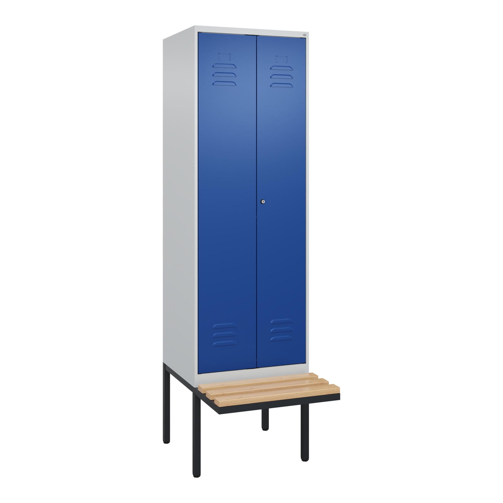 C+P PSA Doppel-Spind Classic PLUS, Bank, 2 Abteile, 2120x600x815mm, 7035/5010 Verschluss Zylinderschloss Sitzbanktyp auskragend Material Sitzfläche Bu
