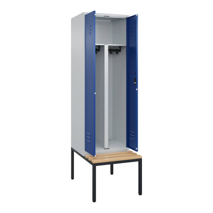 C+P PSA Doppel-Spind Classic PLUS, Bank, 2 Abteile, 2120x600x815mm, 7035/5010 Verschluss Zylinderschloss Sitzbanktyp untergebaut Material Sitzfläche Buche-Hartholz