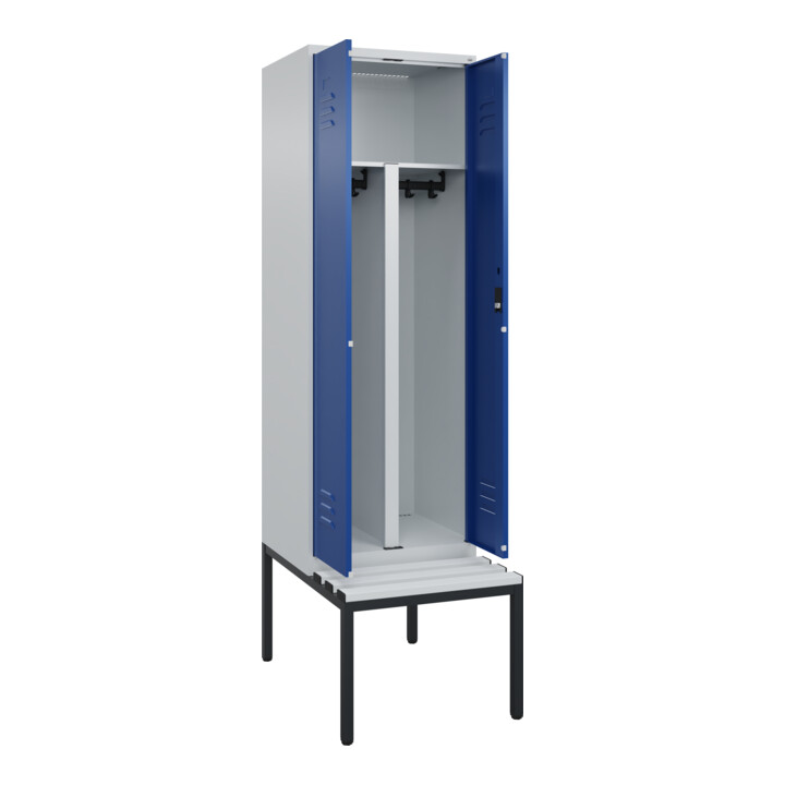 C+P PSA Doppel-Spind Classic PLUS, Bank, 2 Abteile, 2120x600x815mm, 7035/5010 Verschluss Zylinderschloss Sitzbanktyp untergebaut Material Sitzfläche Kunststoff