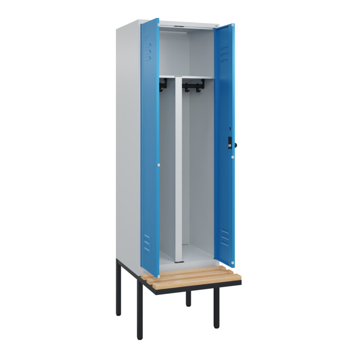 C+P PSA Doppel-Spind Classic PLUS, Bank, 2 Abteile, 2120x600x815mm, 7035/5012 Verschluss Sicherheits-Drehriegel Sitzbanktyp auskragend Material Sitzfläche Buche-Hartholz