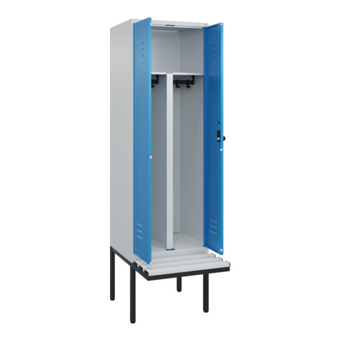 C+P PSA Doppel-Spind Classic PLUS, Bank, 2 Abteile, 2120x600x815mm, 7035/5012 Verschluss Sicherheits-Drehriegel Sitzbanktyp auskragend Material Sitzfläche Kunststoff