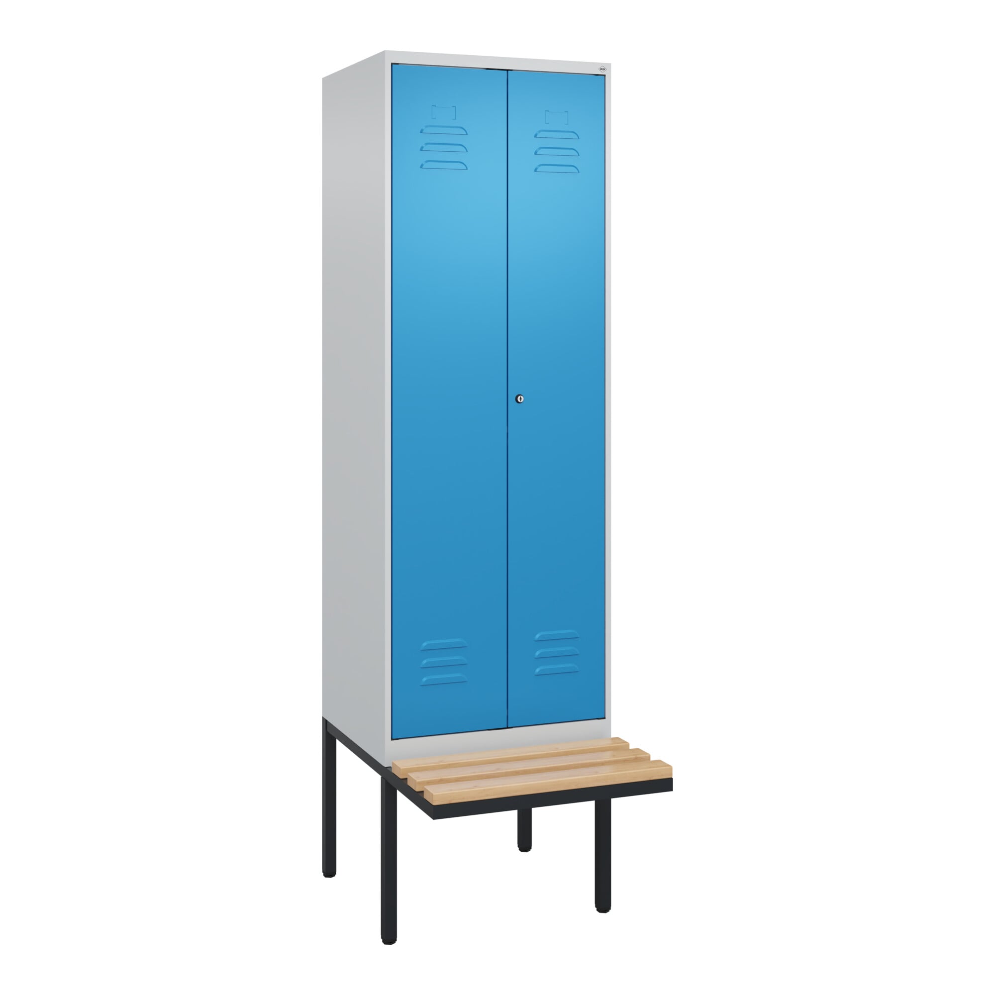 C+P PSA Doppel-Spind Classic PLUS, Bank, 2 Abteile, 2120x600x815mm, 7035/5012 Verschluss Zylinderschloss Sitzbanktyp auskragend Material Sitzfläche Bu