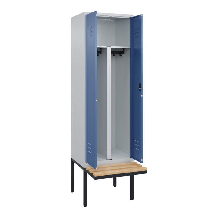 C+P PSA Doppel-Spind Classic PLUS, Bank, 2 Abteile, 2120x600x815mm, 7035/5023 Verschluss Zylinderschloss Sitzbanktyp auskragend Material Sitzfläche Buche-Hartholz